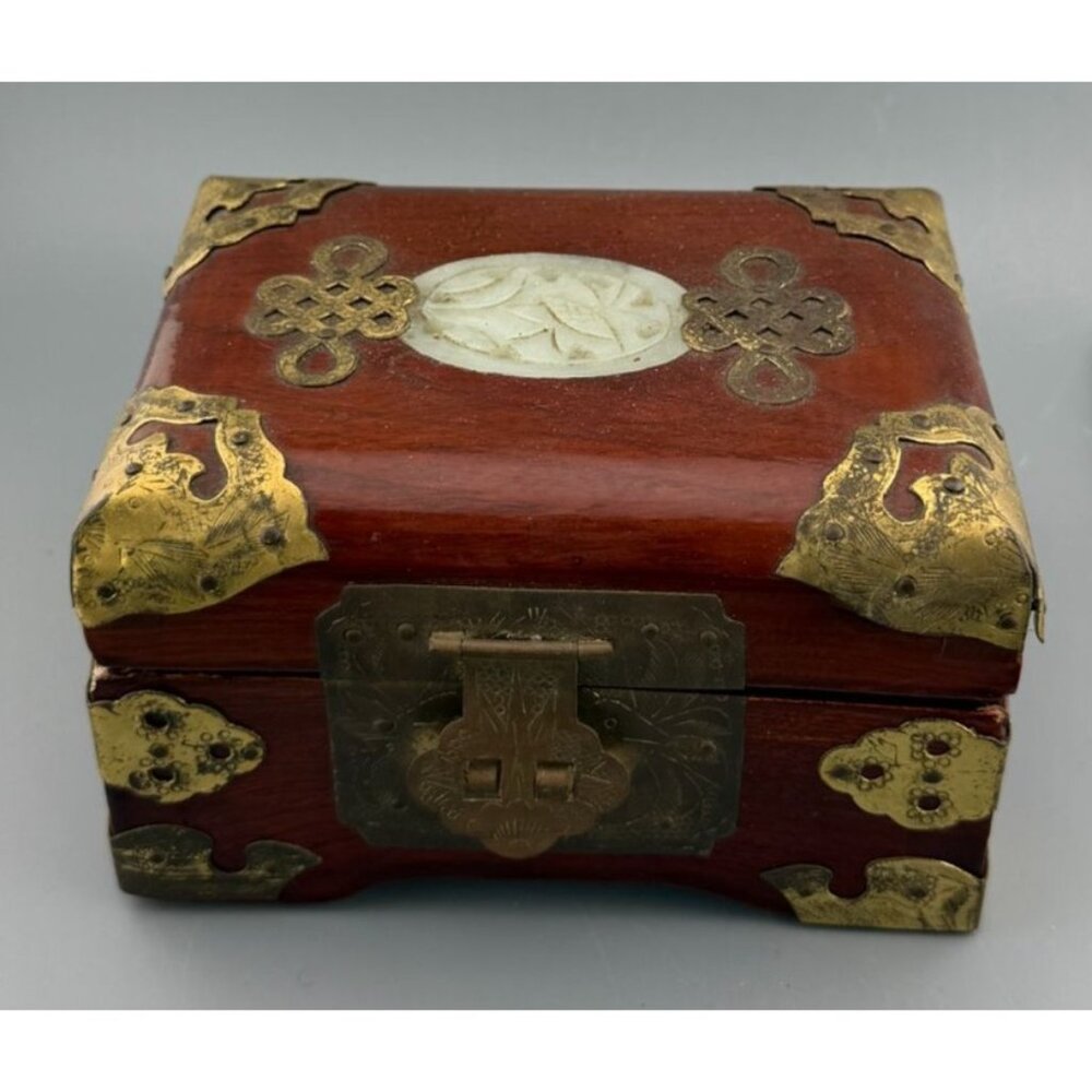 Chinese Wood Jewelry Box Brass Mounts Carved Jade Medallion 5.5"